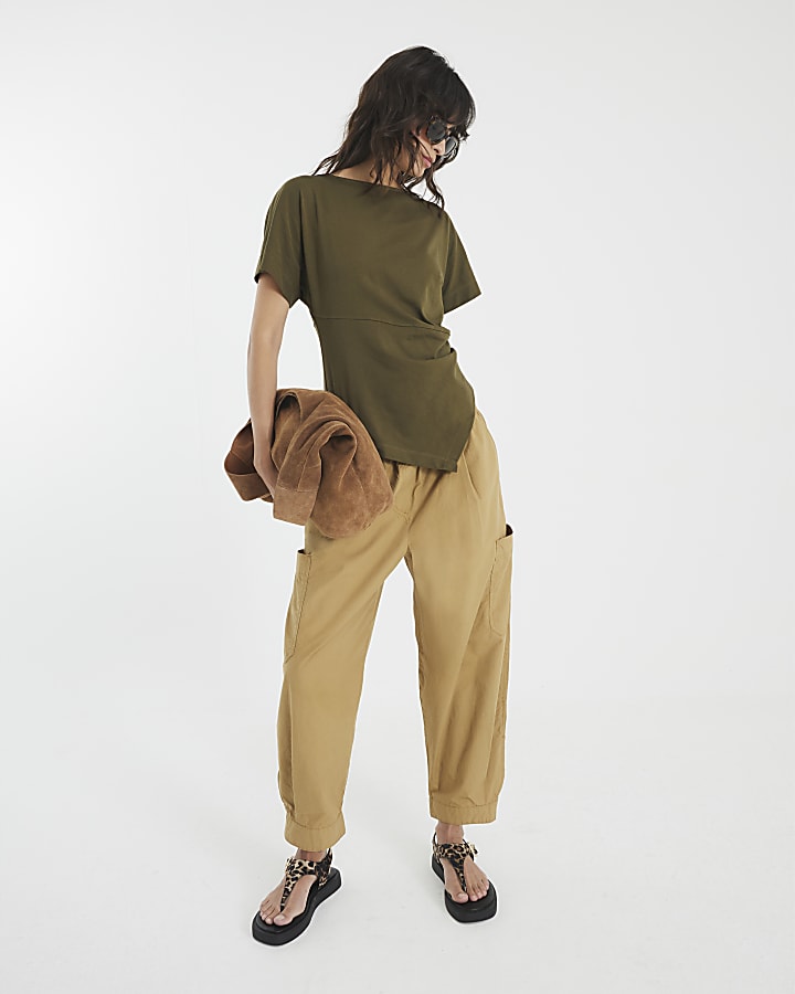 Khaki Short Sleeve Drape Side T-shirt