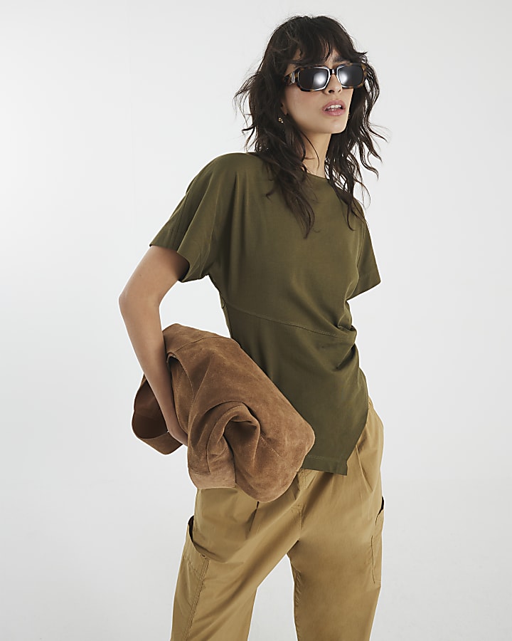 Khaki Short Sleeve Drape Side T-shirt
