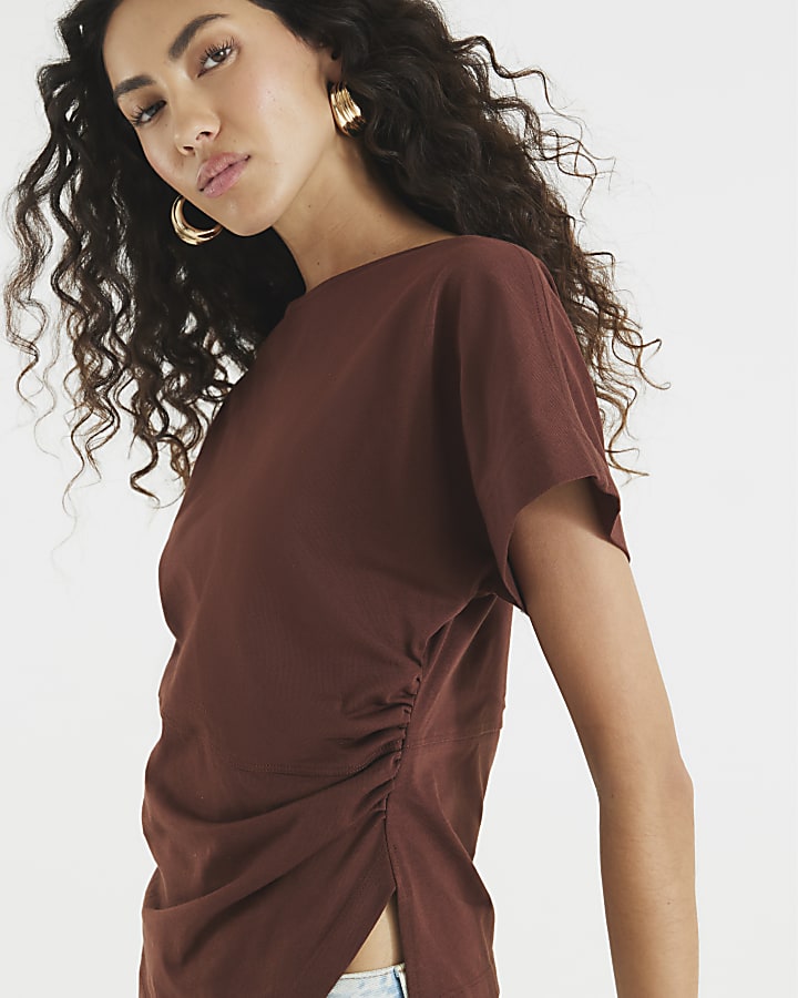 Brown Short Sleeve Drape Side T-shirt