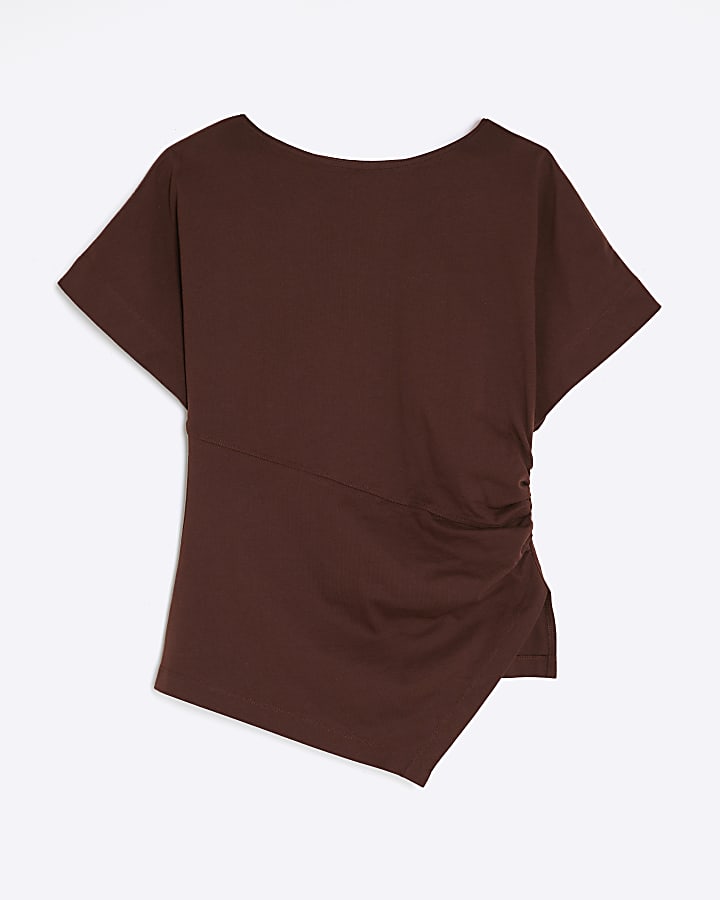 Brown Short Sleeve Drape Side T-shirt