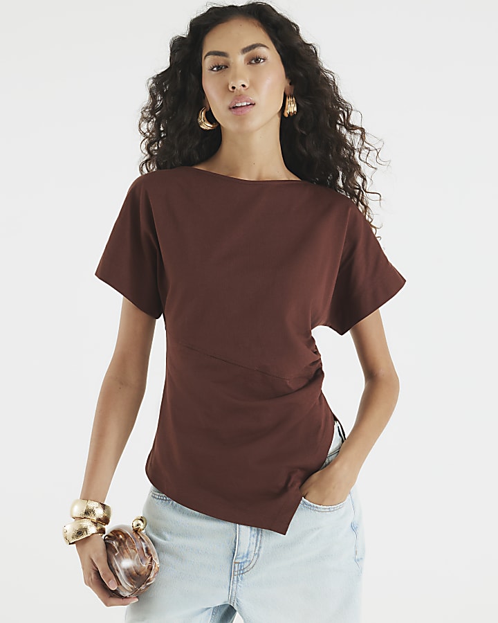 Brown Short Sleeve Drape Side T-shirt
