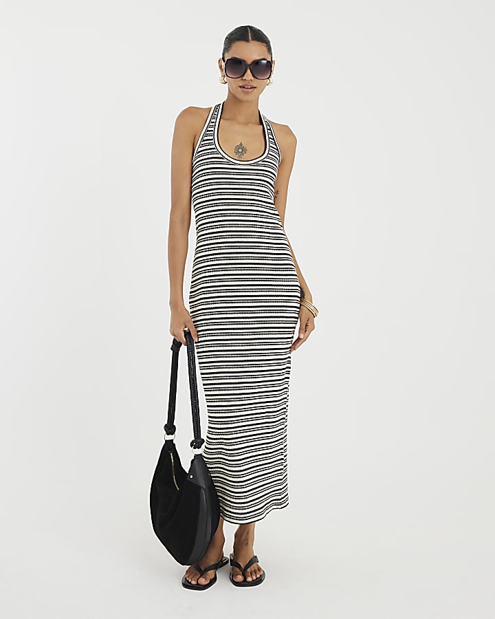 Cream Stripe Halter Neck Midi Dress