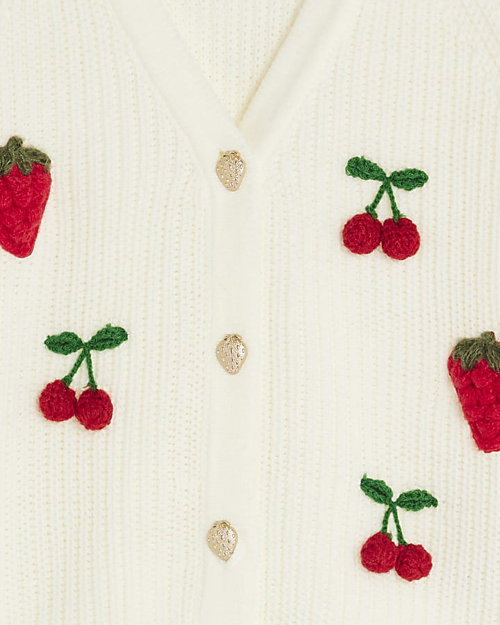 Cream Knitted Embroidered Strawberry Cardigan