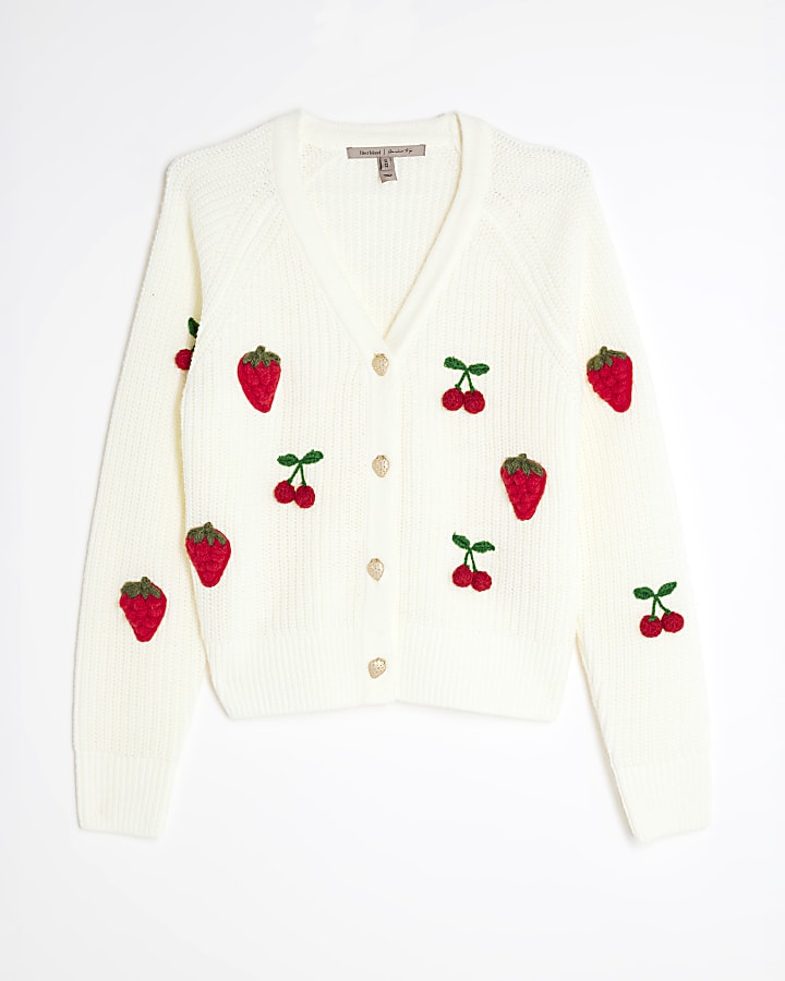 Cream Knitted Embroidered Strawberry Cardigan