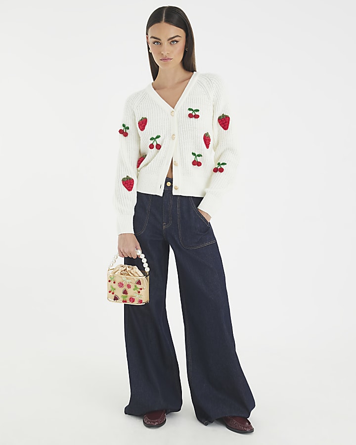 Cream Knitted Embroidered Strawberry Cardigan