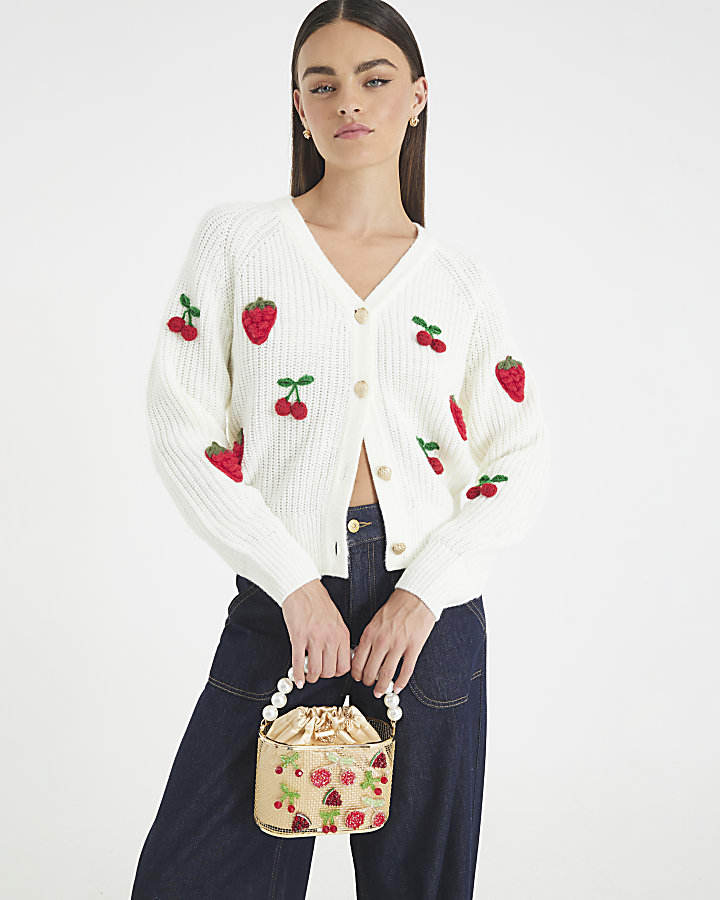Cream Knitted Embroidered Strawberry Cardigan