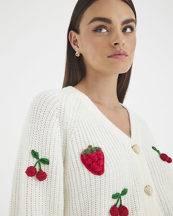 Cream Knitted Embroidered Strawberry Cardigan