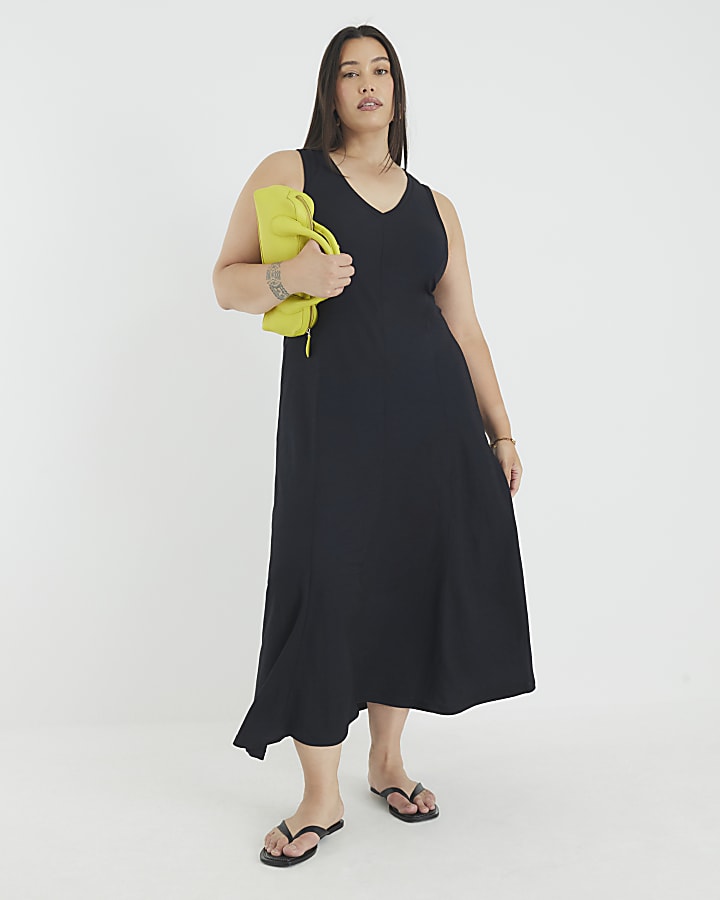 Black Sleevless V Neck Midi Dress