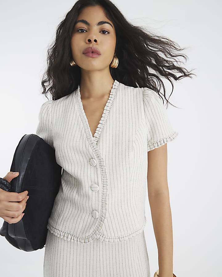 Beige Stripe Frill Linen Blend Tailored Top
