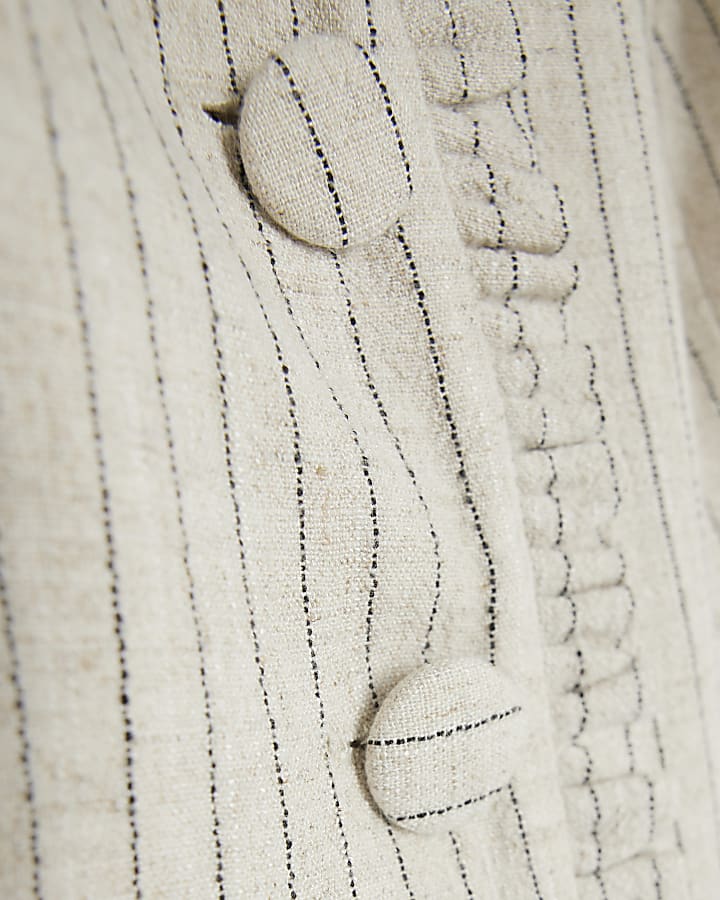 Beige Stripe Frill Linen Blend Tailored Top