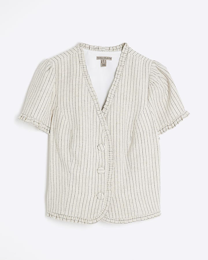 Beige Stripe Frill Linen Blend Tailored Top