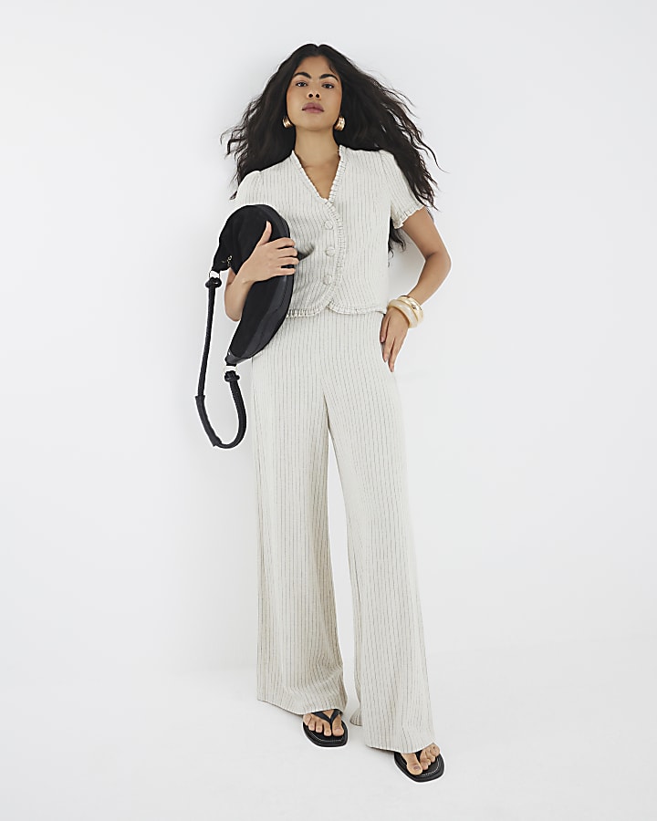 Beige Stripe Frill Linen Blend Tailored Top