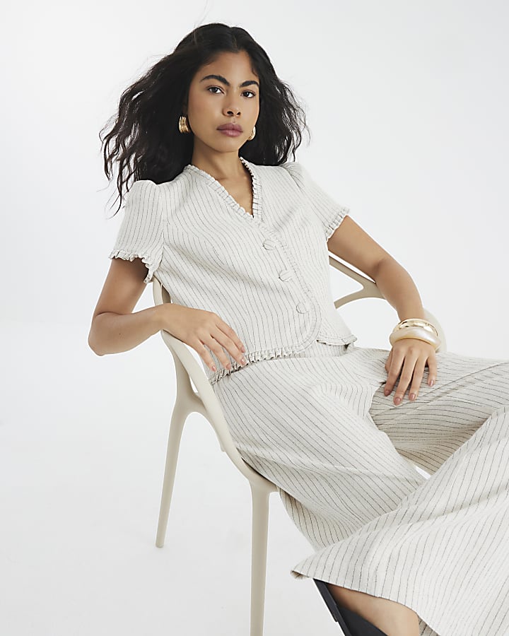 Beige Stripe Frill Linen Blend Tailored Top
