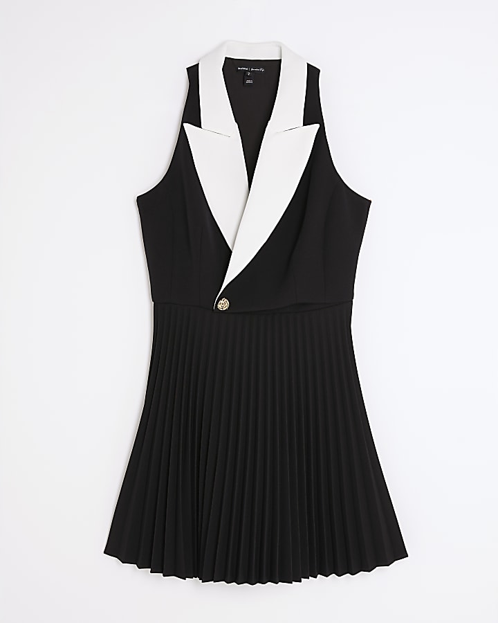 Black Collared Pleated Mini Dress
