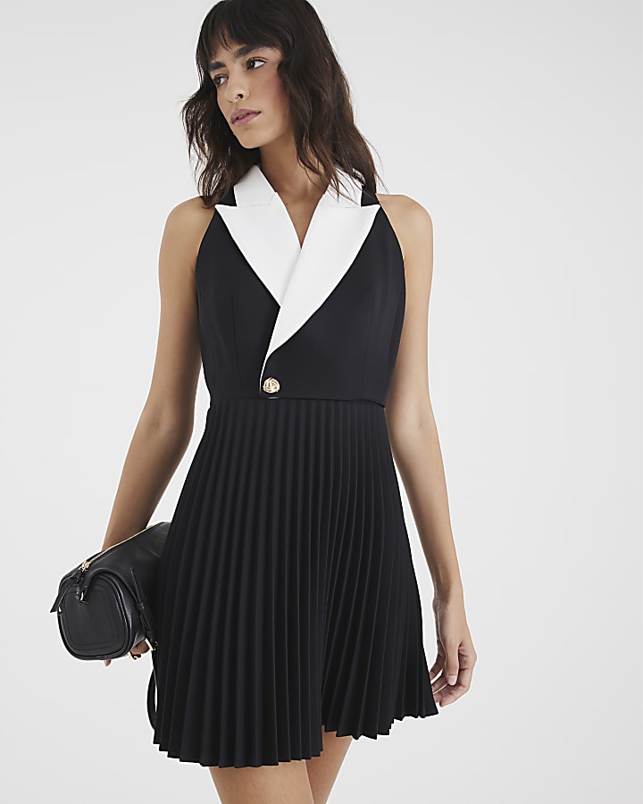 Black Collared Pleated Mini Dress