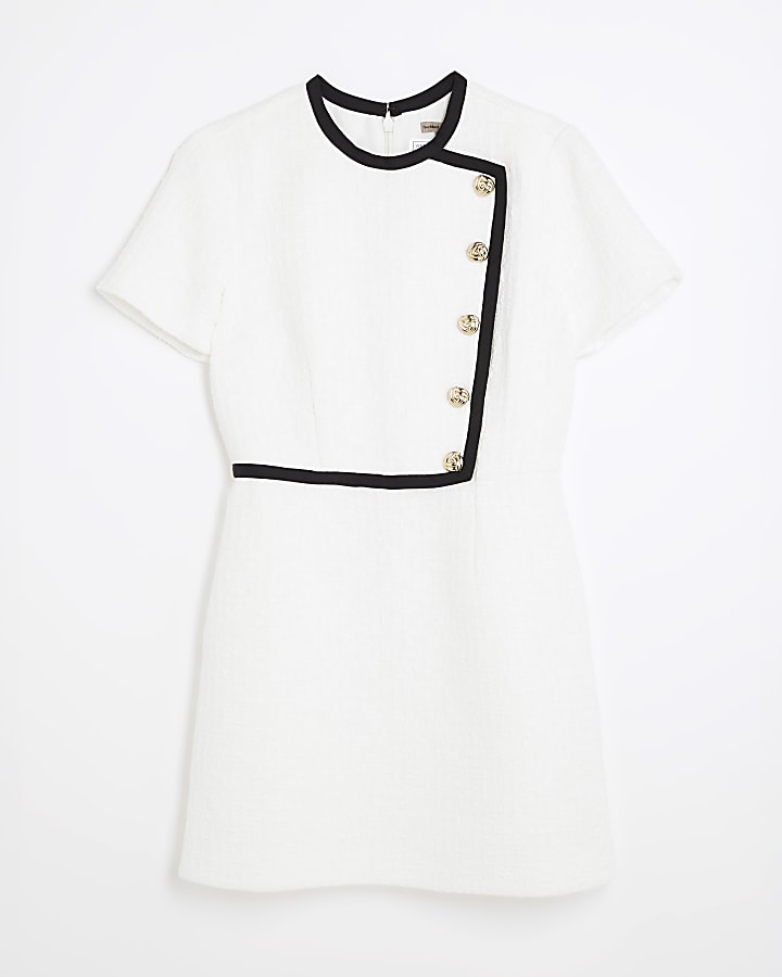 Cream Short Sleeve Tipped Boucle Shift Dress