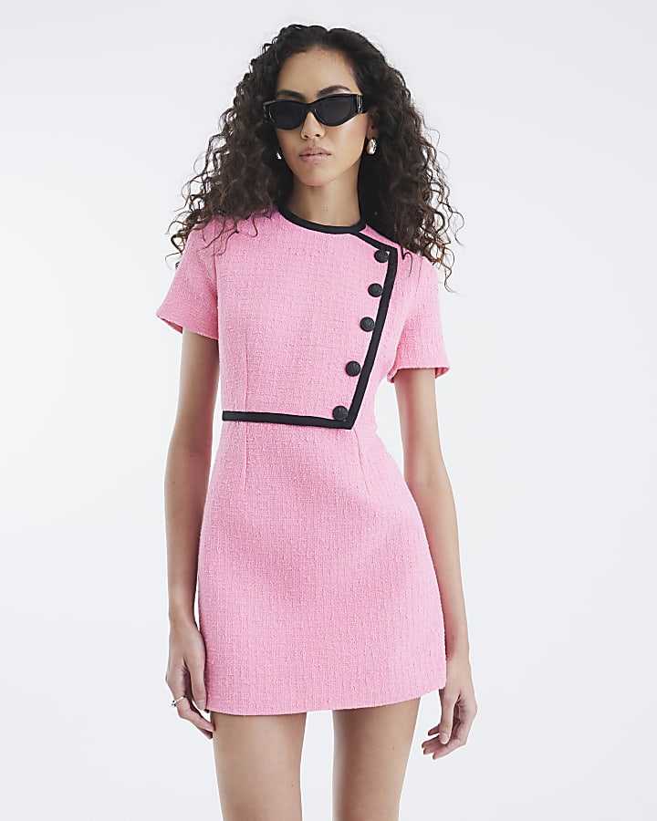 Pink Short Sleeve Tipped Boucle Shift Dress
