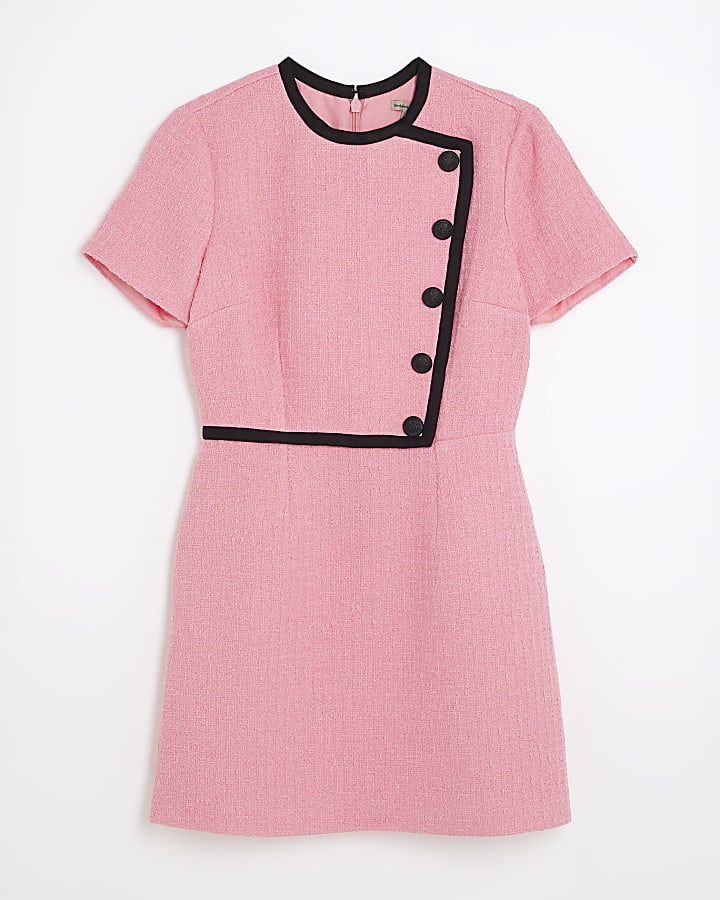 Pink Short Sleeve Tipped Boucle Shift Dress
