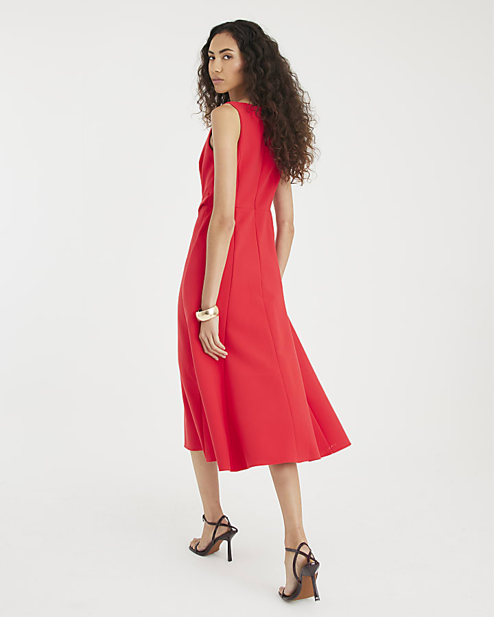 Red Boat Neck Sleeveless Belted Midi Dress