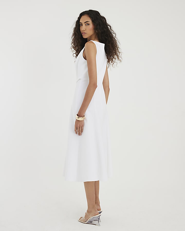 White Boat Neck Sleeveless Belted Midi Dress