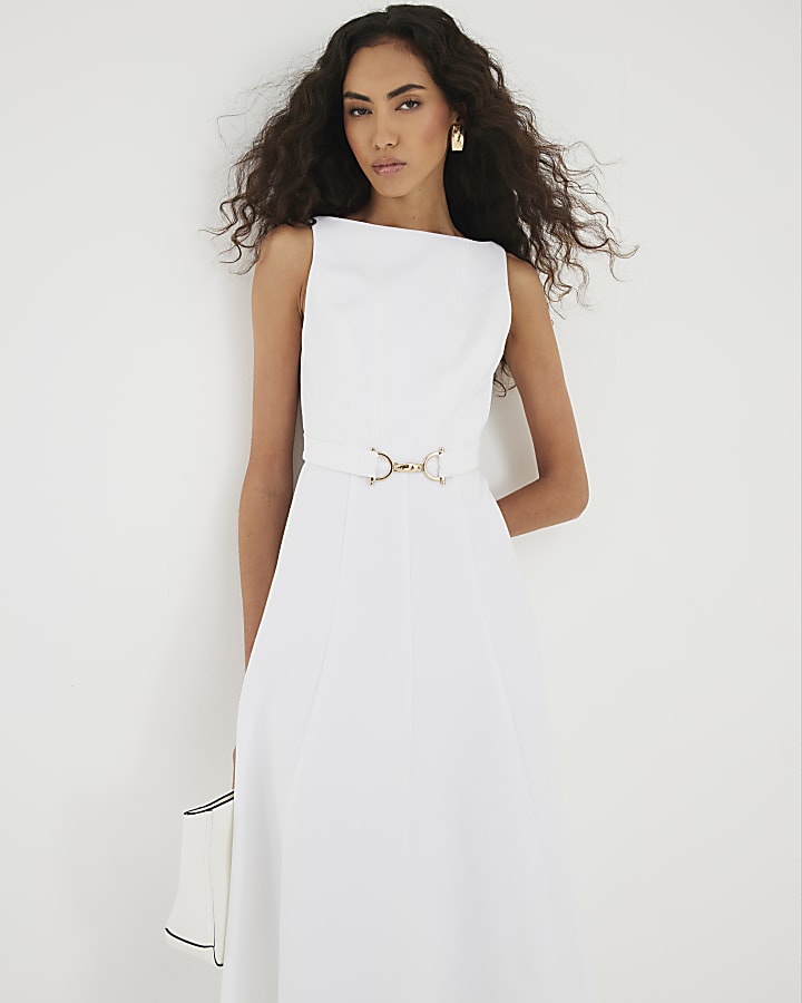 White Boat Neck Sleeveless Belted Midi Dress