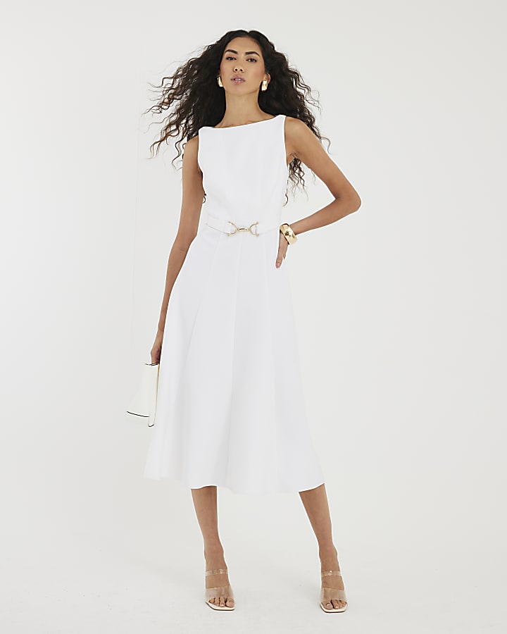 White Boat Neck Sleeveless Belted Midi Dress