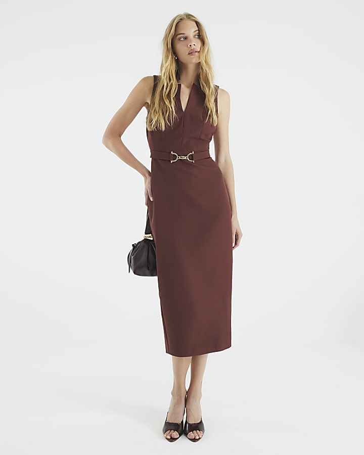 Brown Belted Collar Midi Dress