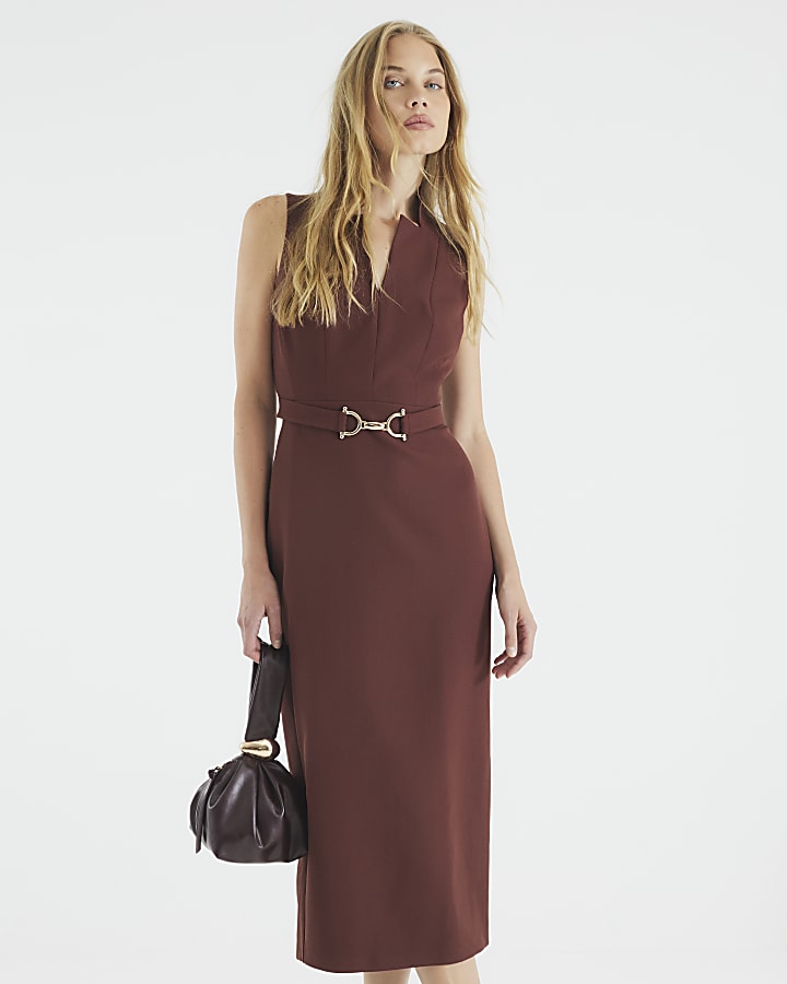 Brown Belted Collar Midi Dress