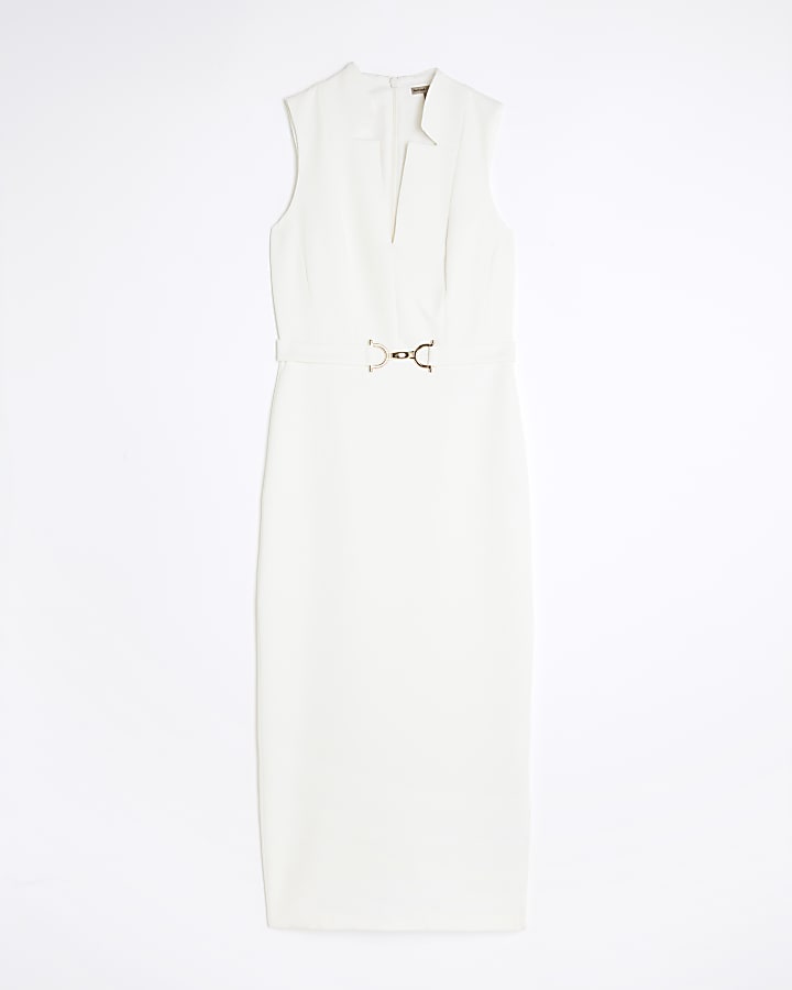 White Belted Collar Midi Dress