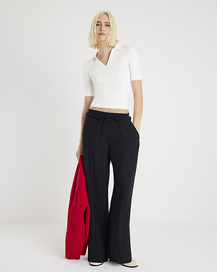 Black Frilled Trim Wide Leg Joggers