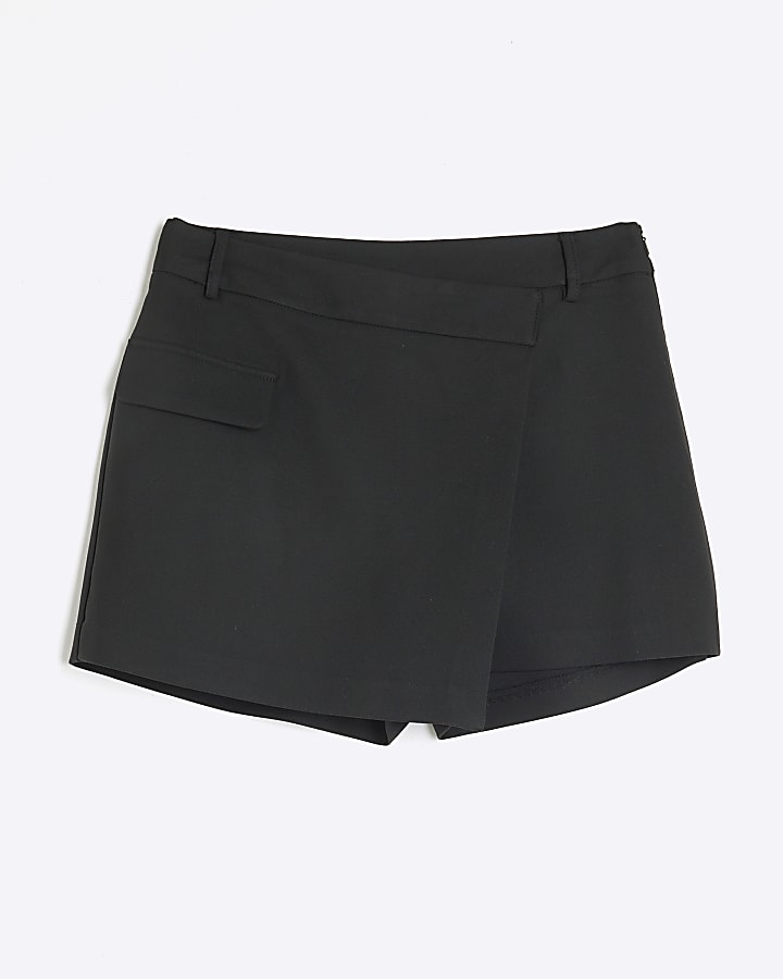 Black Asymmetric Wrap Pocket Front Skort