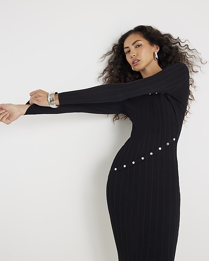 Black Knit Popper Maxi Dress