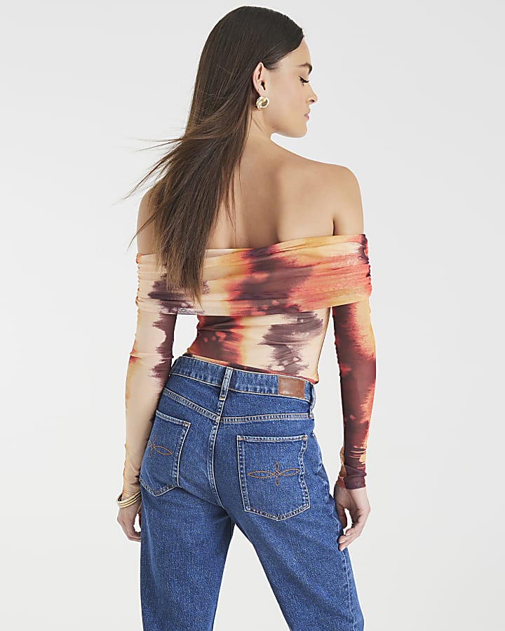 Orange Mesh Long Sleeve Bardot Bodysuit