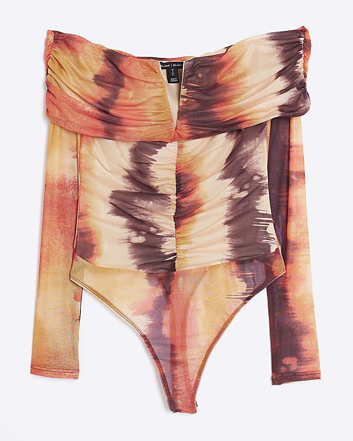 Orange Mesh Long Sleeve Bardot Bodysuit
