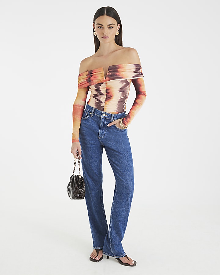 Orange Mesh Long Sleeve Bardot Bodysuit