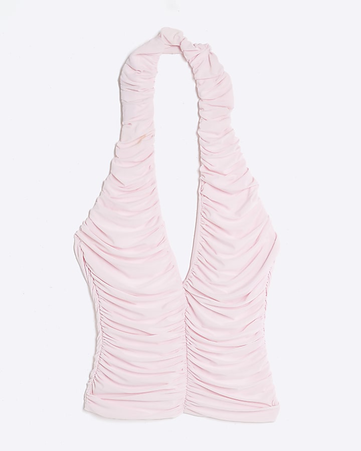 Pink Ruched Halter Neck Top