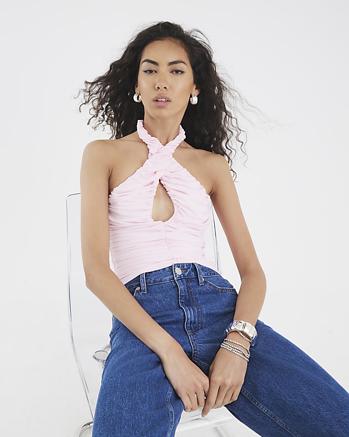 Pink Ruched Halter Neck Top
