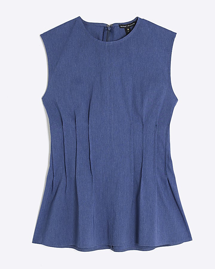 Blue Sleeveless Pintuck Stretch Denim Top