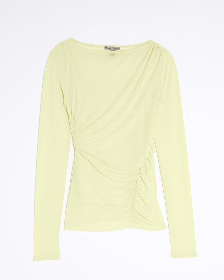 Green Long Sleeve Boat Neck Ruched Mesh Top