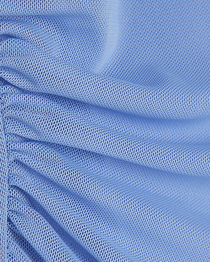 Blue Long Sleeve Boat Neck Ruched Mesh Top