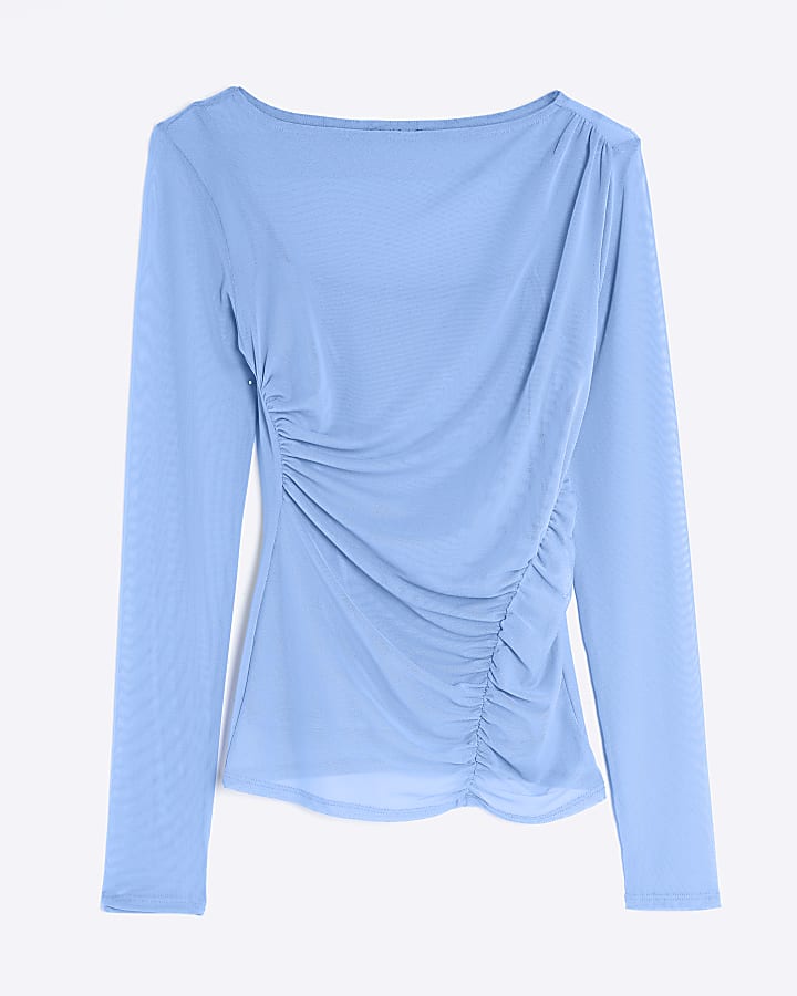 Blue Long Sleeve Boat Neck Ruched Mesh Top