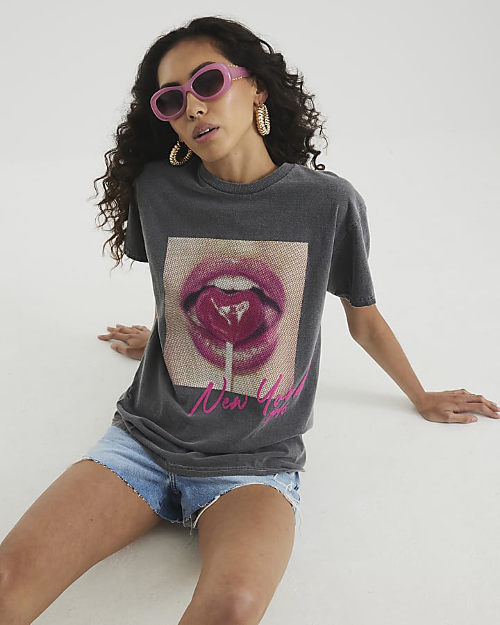 Grey Lollipop Lips Washed T-Shirt
