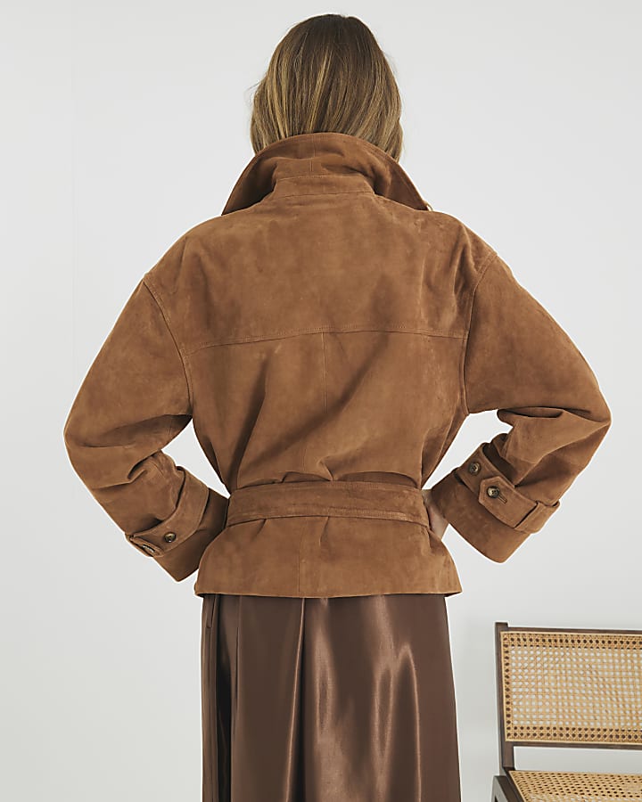 Brown Suede Cropped Trench Coat