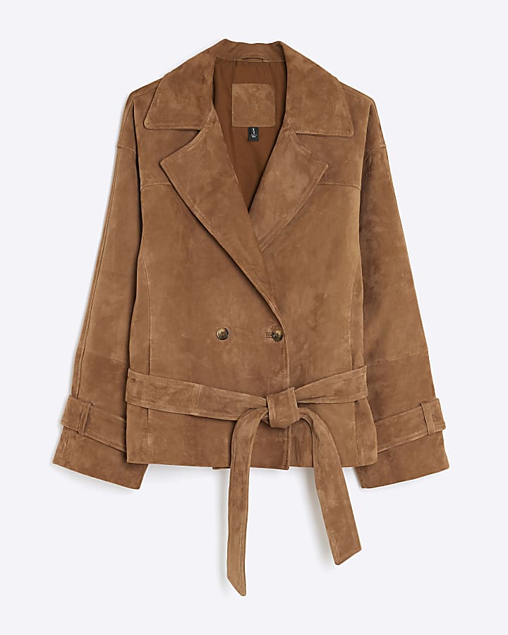Brown Suede Cropped Trench Coat