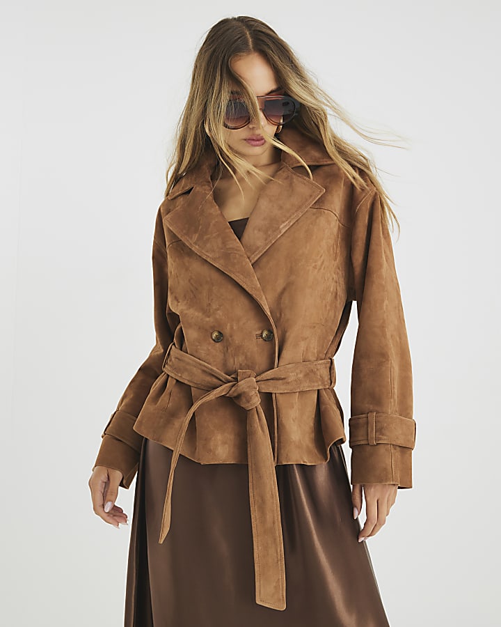Brown Suede Cropped Trench Coat