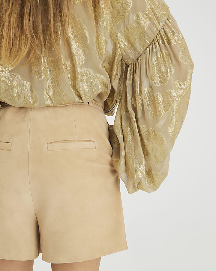 Beige Suede Belted Mini Shorts