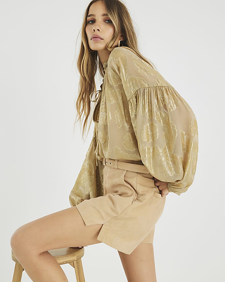 Beige Suede Belted Mini Shorts