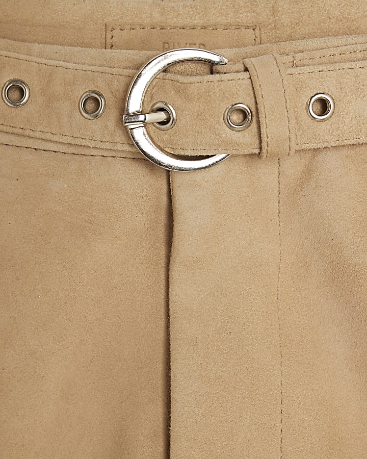 Beige Suede Belted Mini Shorts