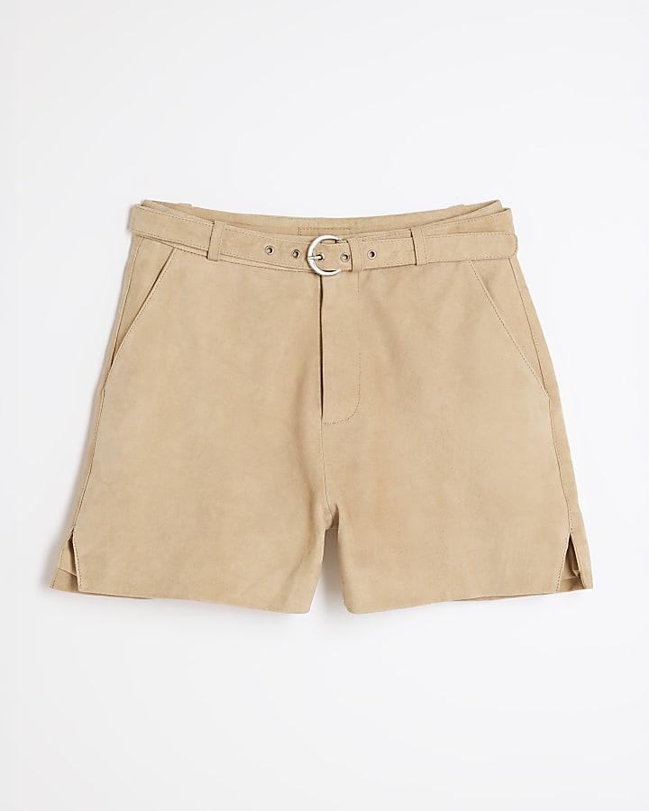 Beige Suede Belted Mini Shorts