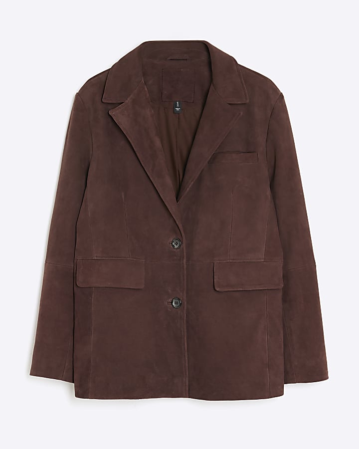 Brown Boxy Fit Suede Blazer